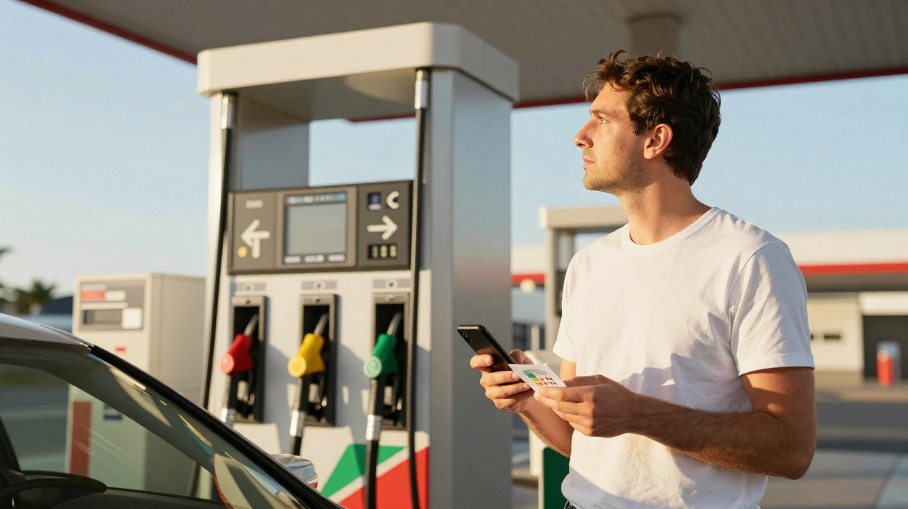 Homem de camiseta branca na bomba de gasolina segurando telemóvel e cartão, olhando para o lado.
