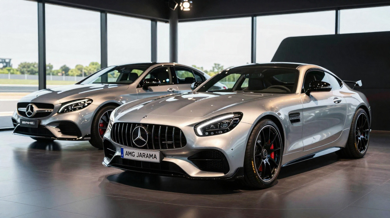 Dois carros desportivos Mercedes-Benz prata expostos num showroom moderno com grandes janelas.