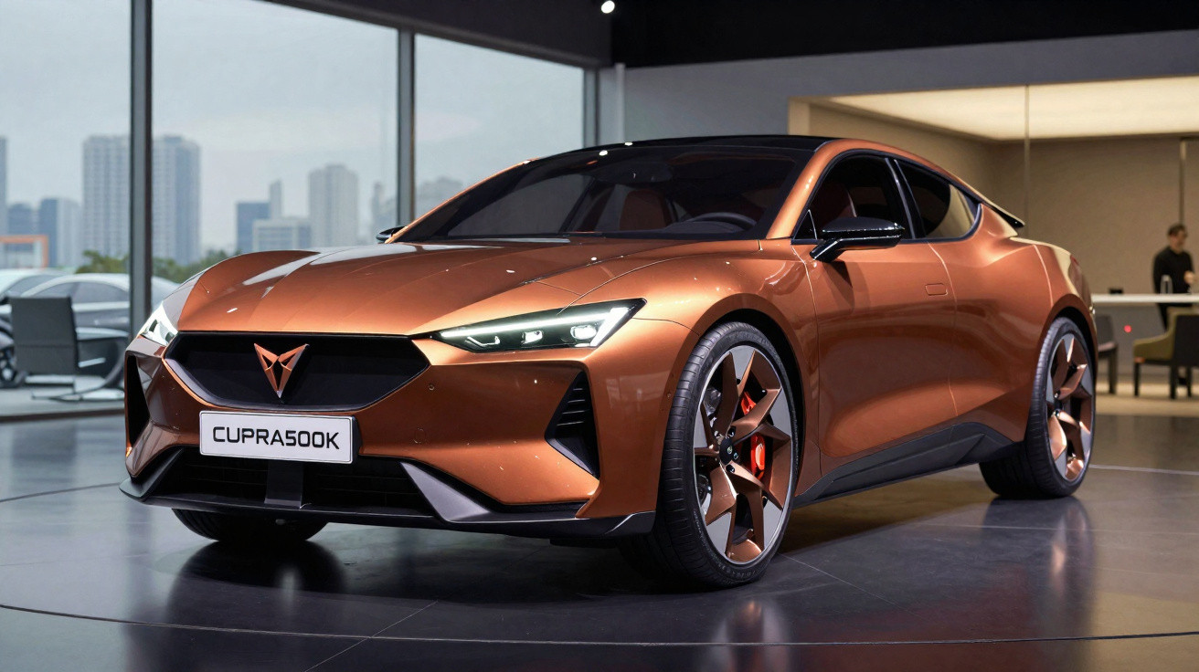 Cupra 500K moderno de cor bronze com design desportivo apresentado em salão automóvel interior.