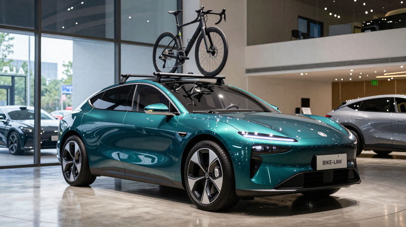 Carro elétrico verde com bicicleta preta montada no tejadilho, em exposição numa sala moderna.