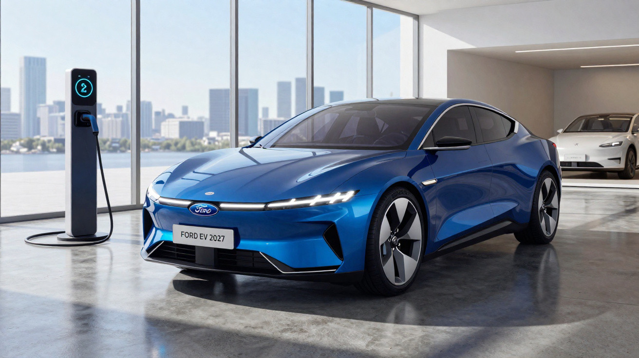 Carro elétrico azul Ford EV 2027 a carregar numa estação dentro de garagem moderna com janelas panorâmicas.