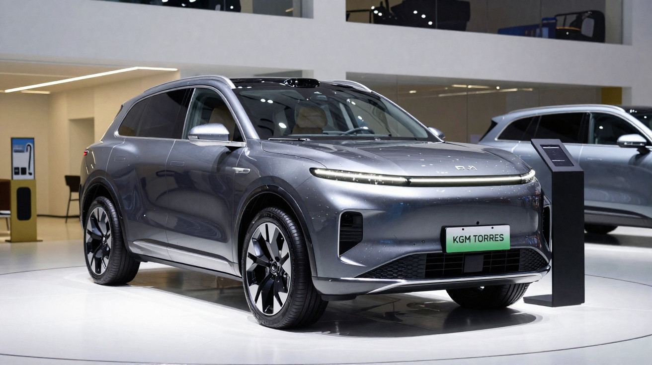 Carro SUV elétrico cinza prateado em exposição, com design moderno e elegante, interior visível pelas janelas.