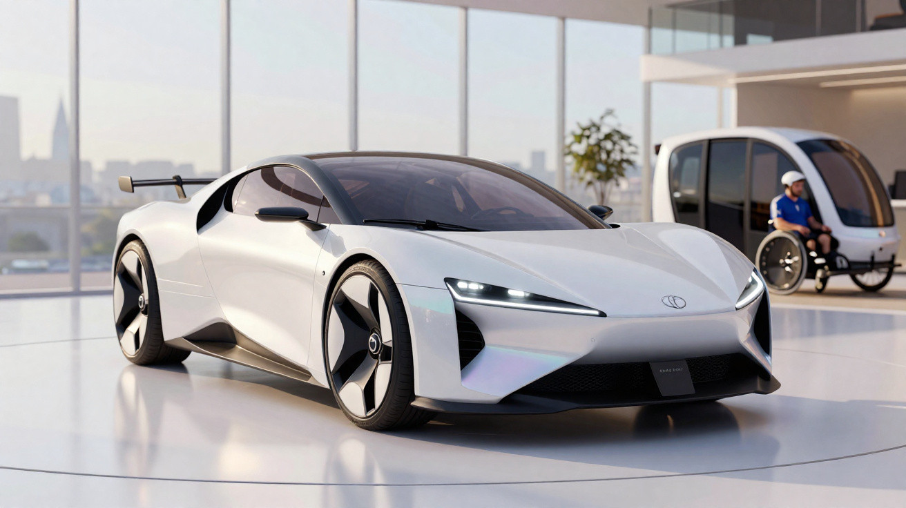 Carro desportivo elétrico moderno branco em ambiente interior com janelas grandes e pessoa em cadeira de rodas ao fundo.