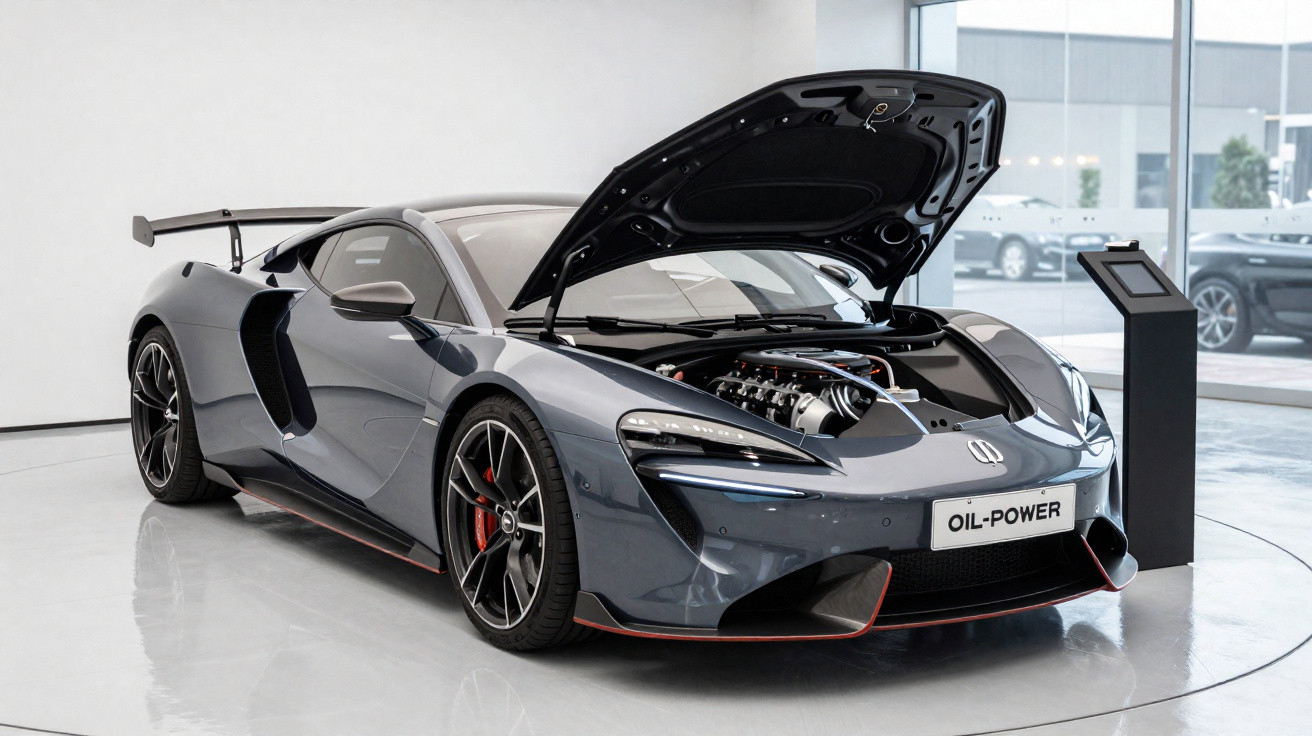Carro desportivo cinzento com capô dianteiro aberto, exibindo motor em showroom moderno.