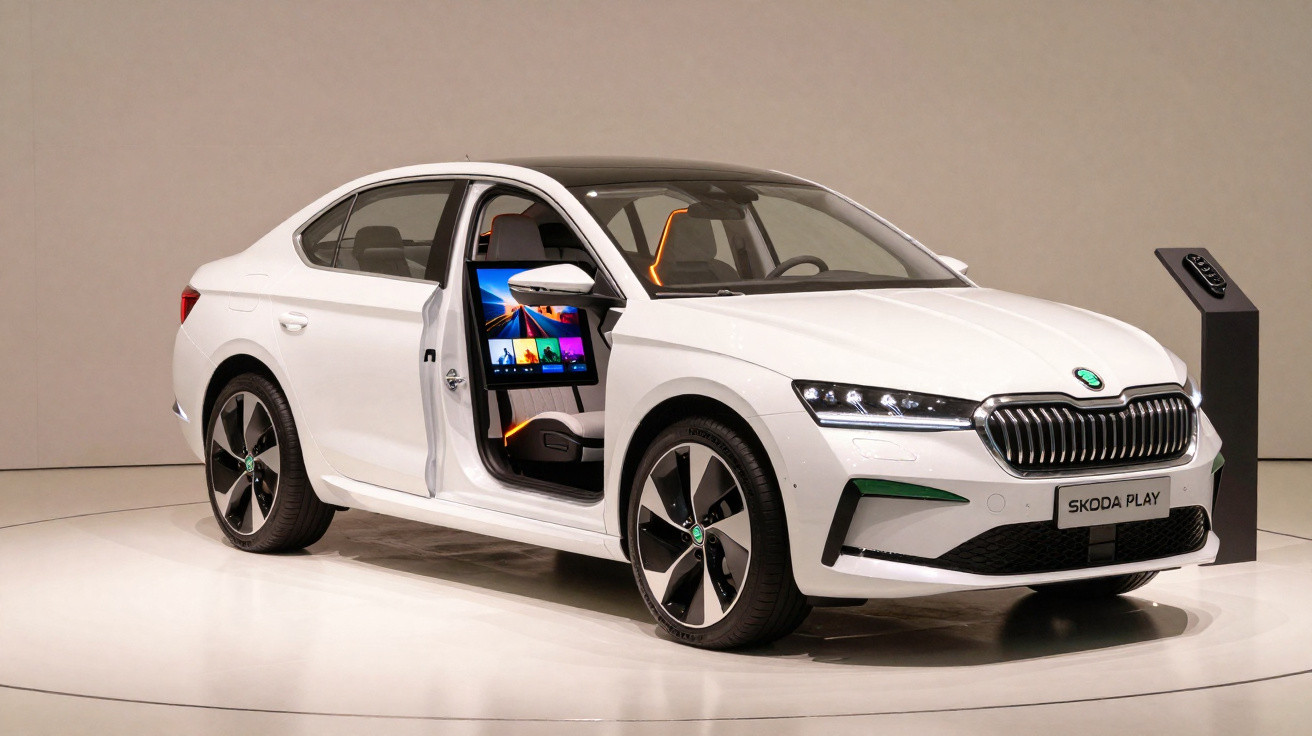Carro elétrico branco Škoda Play exposto com porta dianteira aberta e ecrã digital no interior.