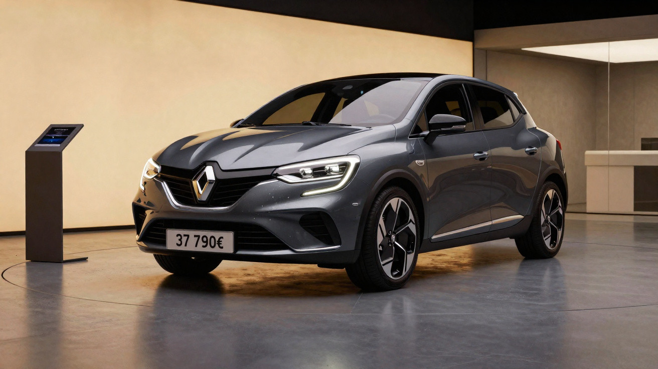Renault Megane cinzento estacionado em sala expositora moderna com preço visível na matrícula.