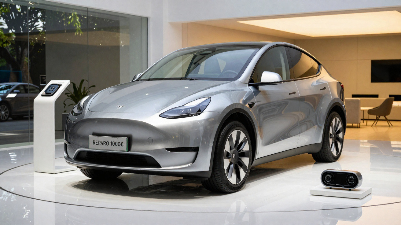 Carro elétrico Tesla prateado exposto em showroom moderno com monitor ao lado.