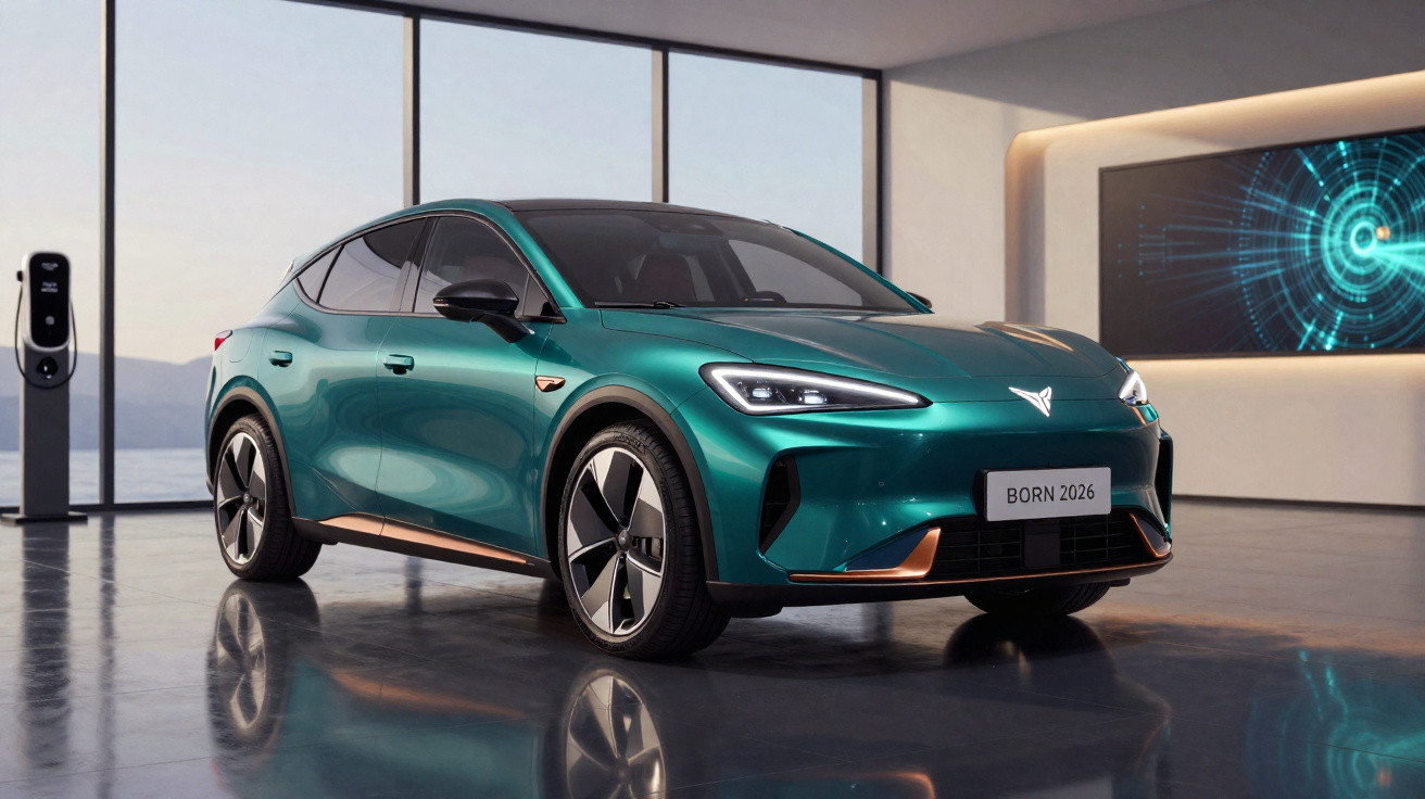 Carro elétrico verde metálico futurista modelo BORN 2026 num ambiente moderno com parede de vidro e estação de carregamento.