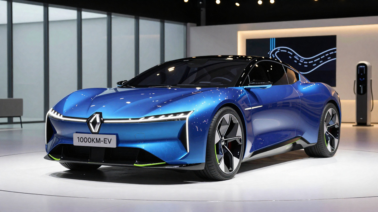 Carro elétrico desportivo azul exposto com carregador ao fundo em ambiente moderno e luminoso.