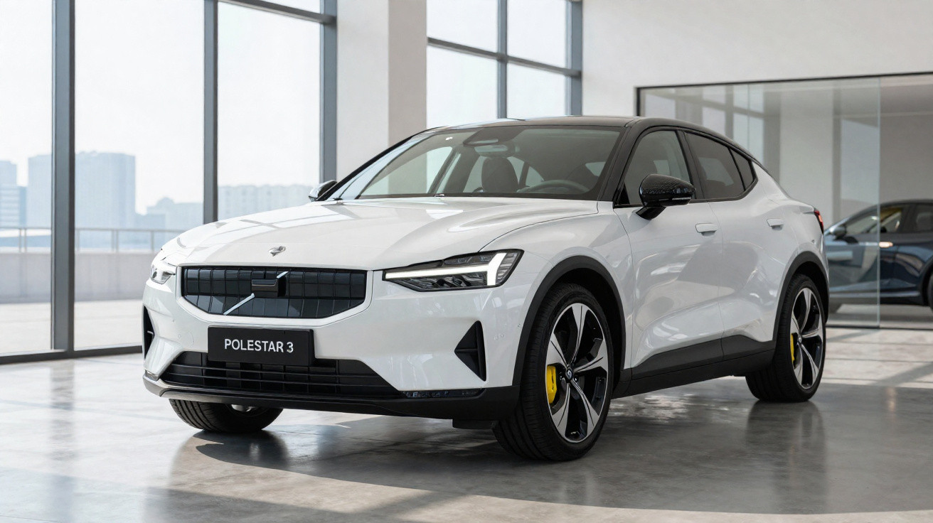 Carro elétrico branco Polestar 3 estacionado em showroom moderno com grandes janelas de vidro.