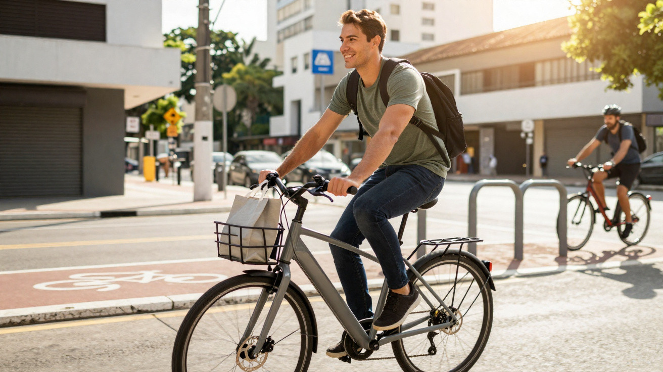 Homem contente a andar de bicicleta numa ciclovia urbana ao fim da tarde.