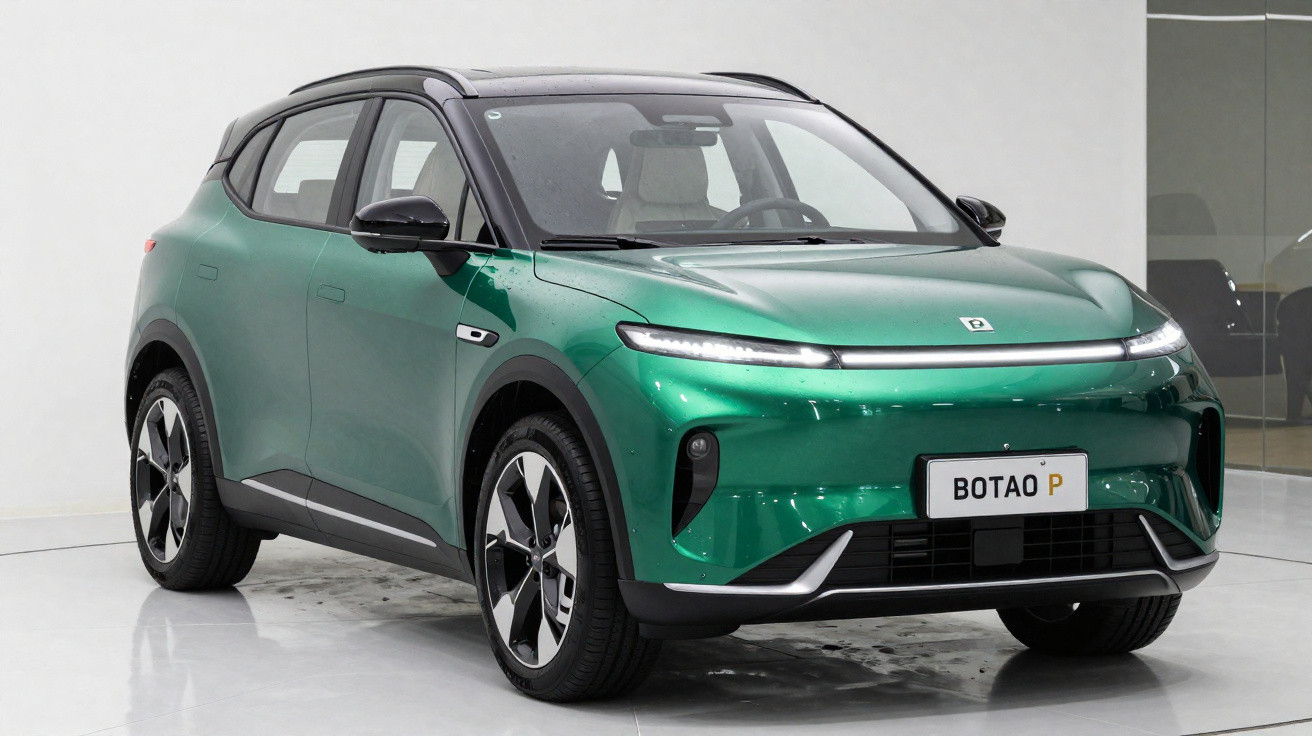 Carro elétrico SUV verde metálico com capô aerodinâmico e faróis LED finos em ambiente interior branco.