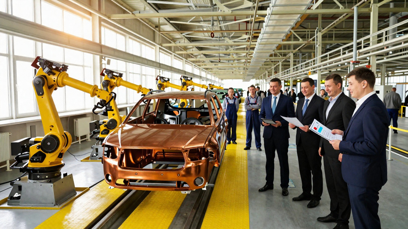 Engenheiros observam linha de montagem com braços robóticos e estrutura metálica de automóvel num espaço industrial.