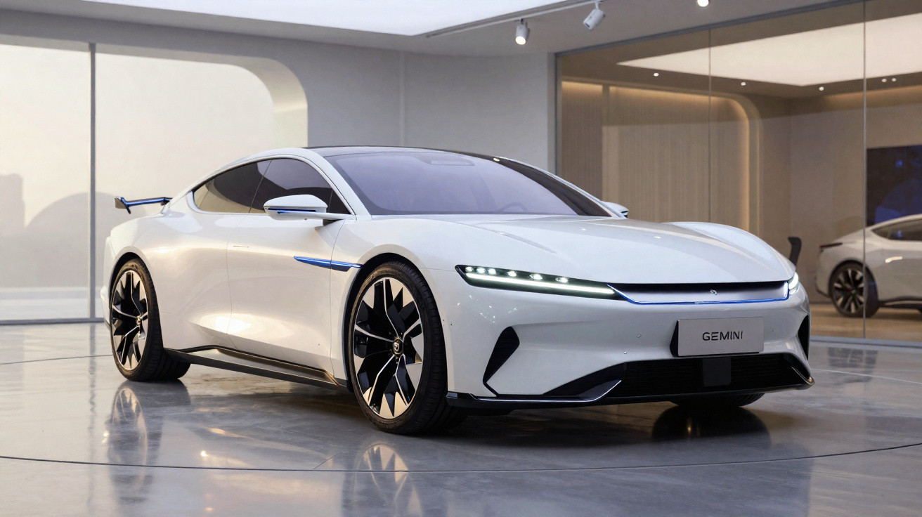 Carro desportivo elétrico branco Gemini em exposição num ambiente interior moderno e minimalista.