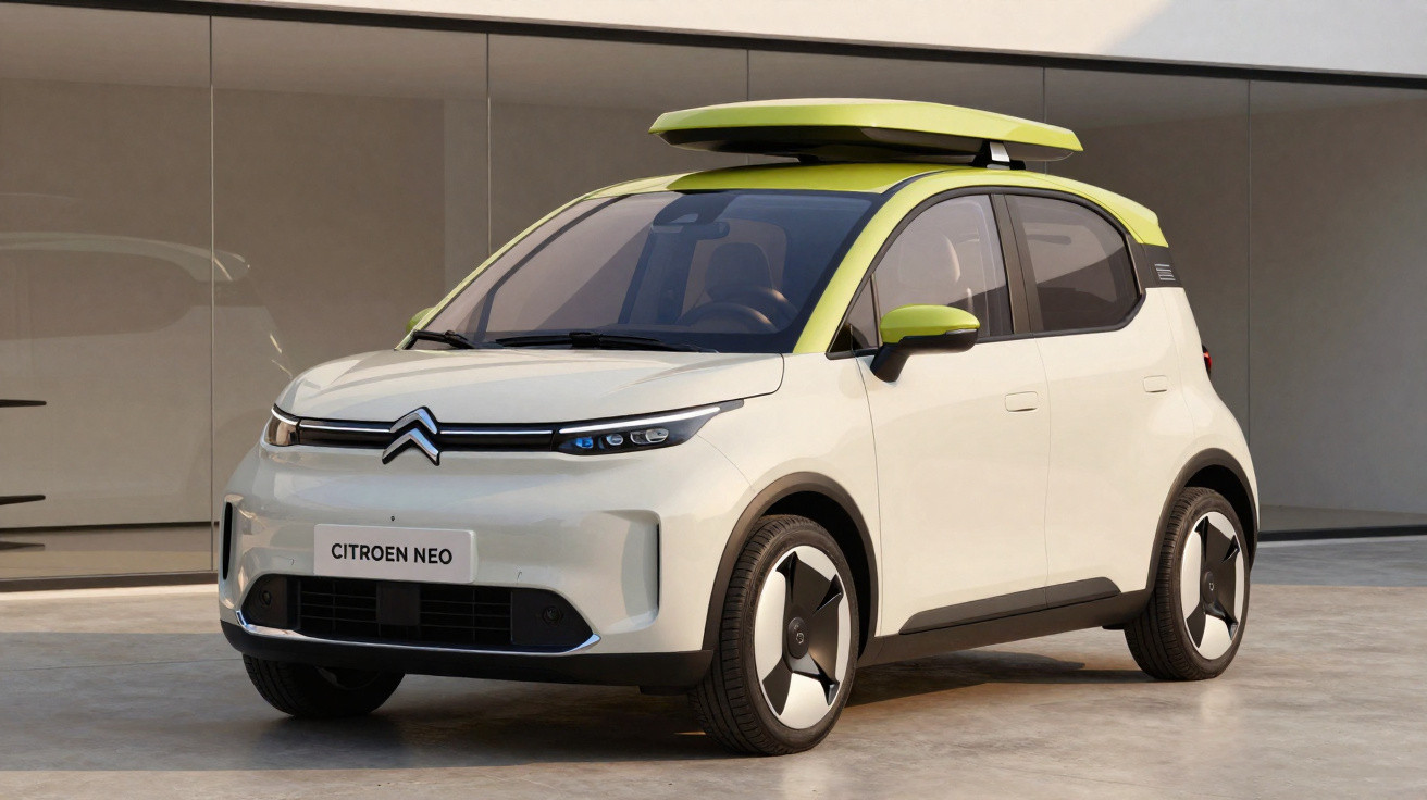 Pequeno automóvel Citroën Neo branco com teto e retrovisores verdes, estacionado em superfície de cimento.
