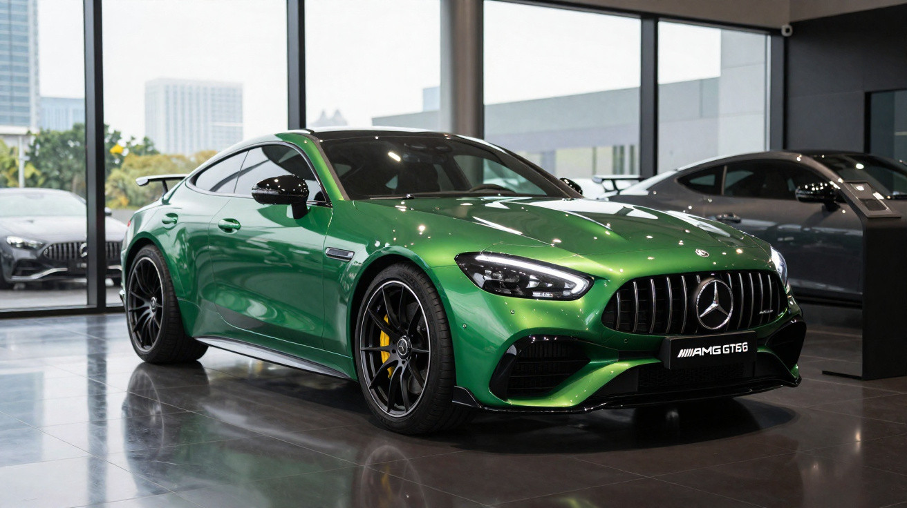 Carro desportivo Mercedes AMG GT 63 verde exposto numa sala com chão refletor e janelas grandes.