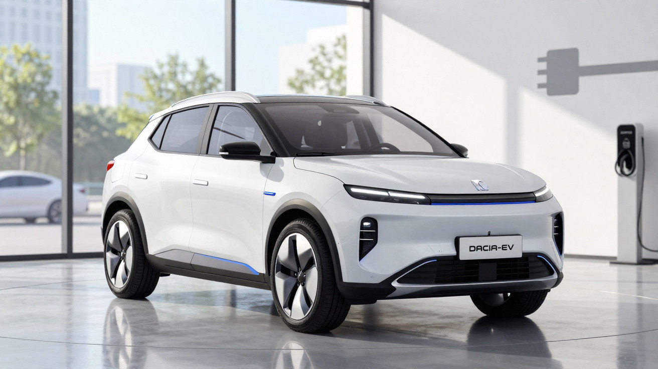 Carro elétrico branco Dacia EV estacionado numa garagem moderna junto a um carregador elétrico.