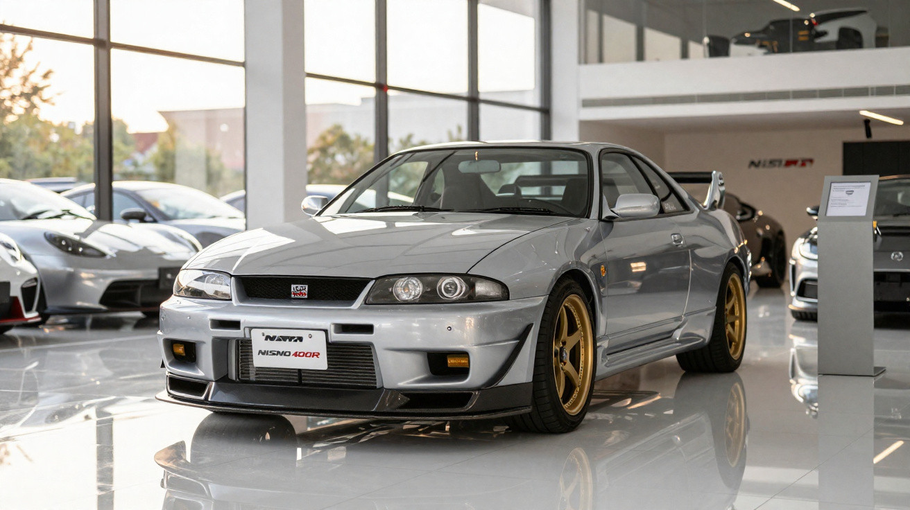 Carro desportivo Nissan Skyline R33 prata com jantes douradas, exposto em showroom moderno.