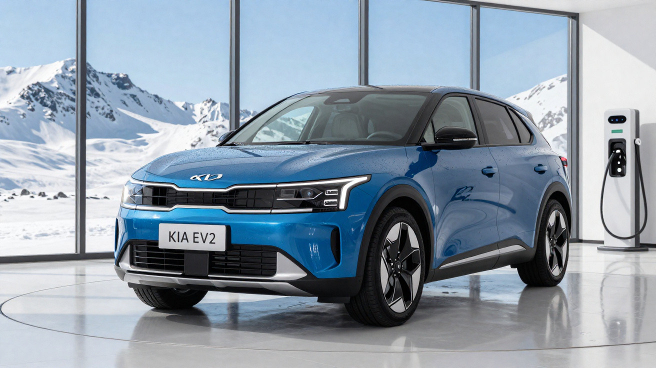 Carro elétrico azul KIA EV2 estacionado em espaço interior com vista para montanhas nevadas.