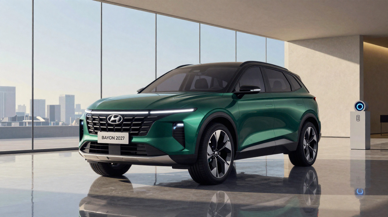 Carro SUV Hyundai Bayon 2027 verde escuro numa garagem moderna com janelas amplas e vista urbana.