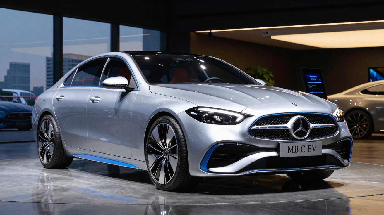 Carro elétrico Mercedes-Benz MB C EV prateado exposto em interior moderno com janelas largas.