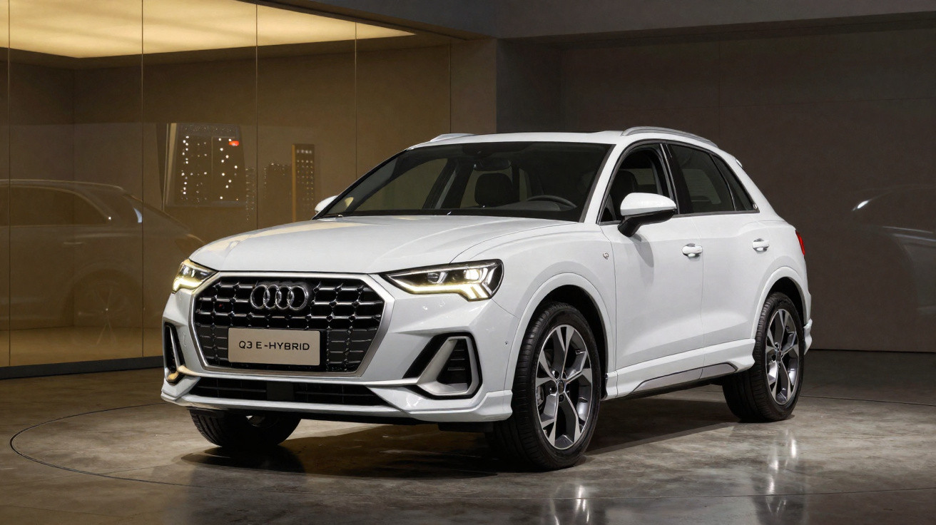 Automóvel SUV Audi Q3 E-Hybrid branco estacionado em ambiente interior moderno.