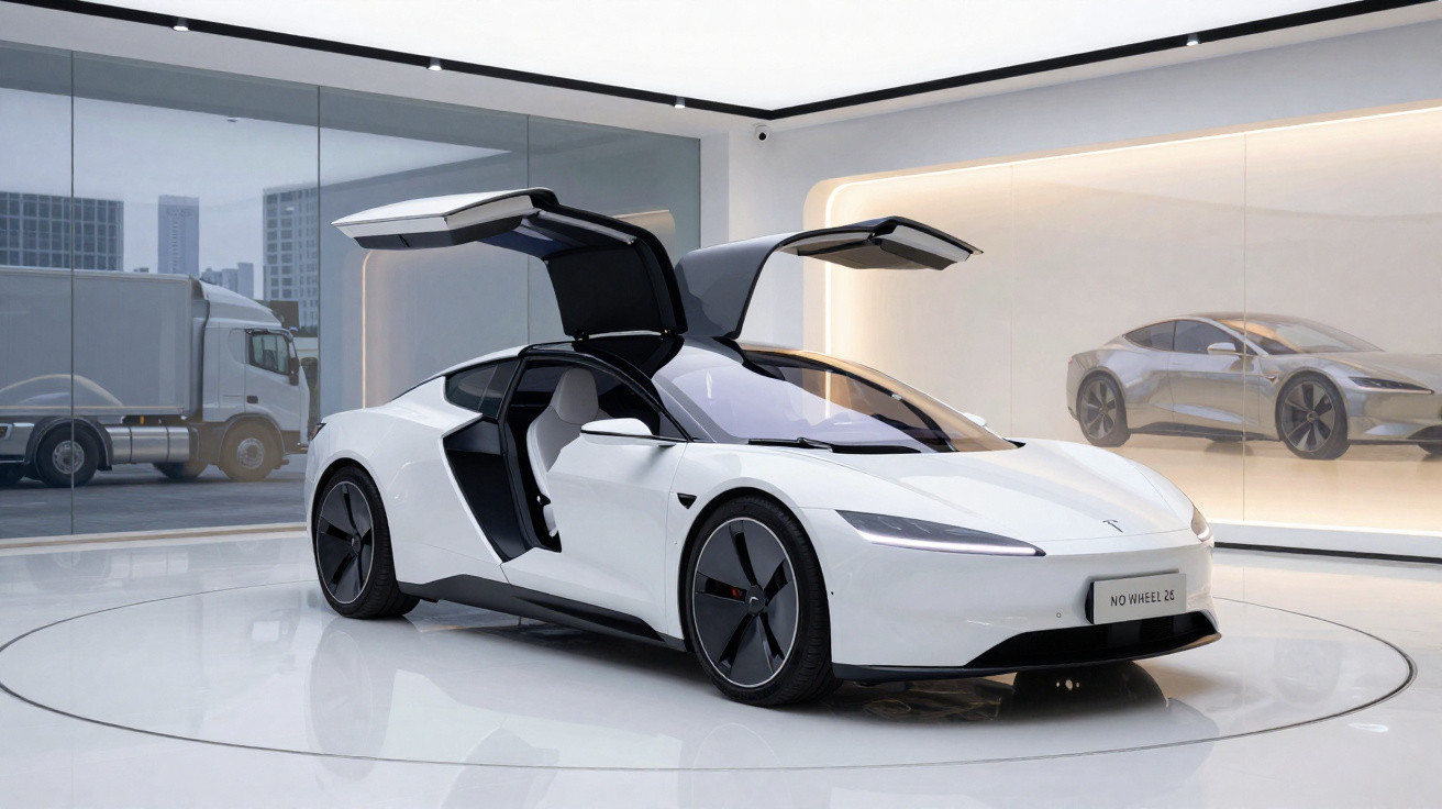 Carro eléctrico branco com portas tipo asa de gaivota num showroom moderno e minimalista.