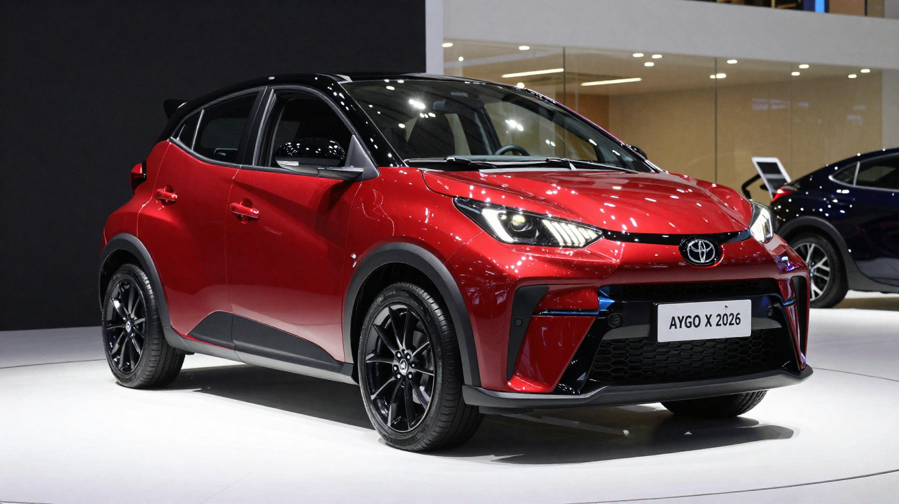 Carro Toyota Aygo X 2026 vermelho em exposição, com design moderno e faróis LED.