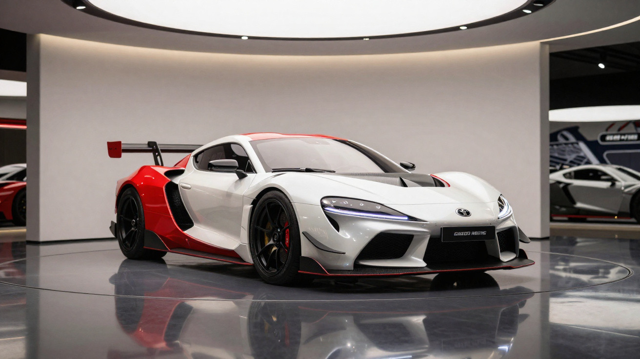 Carro desportivo Toyota GR Supra branco e vermelho em exposição numa sala moderna com piso refletor.