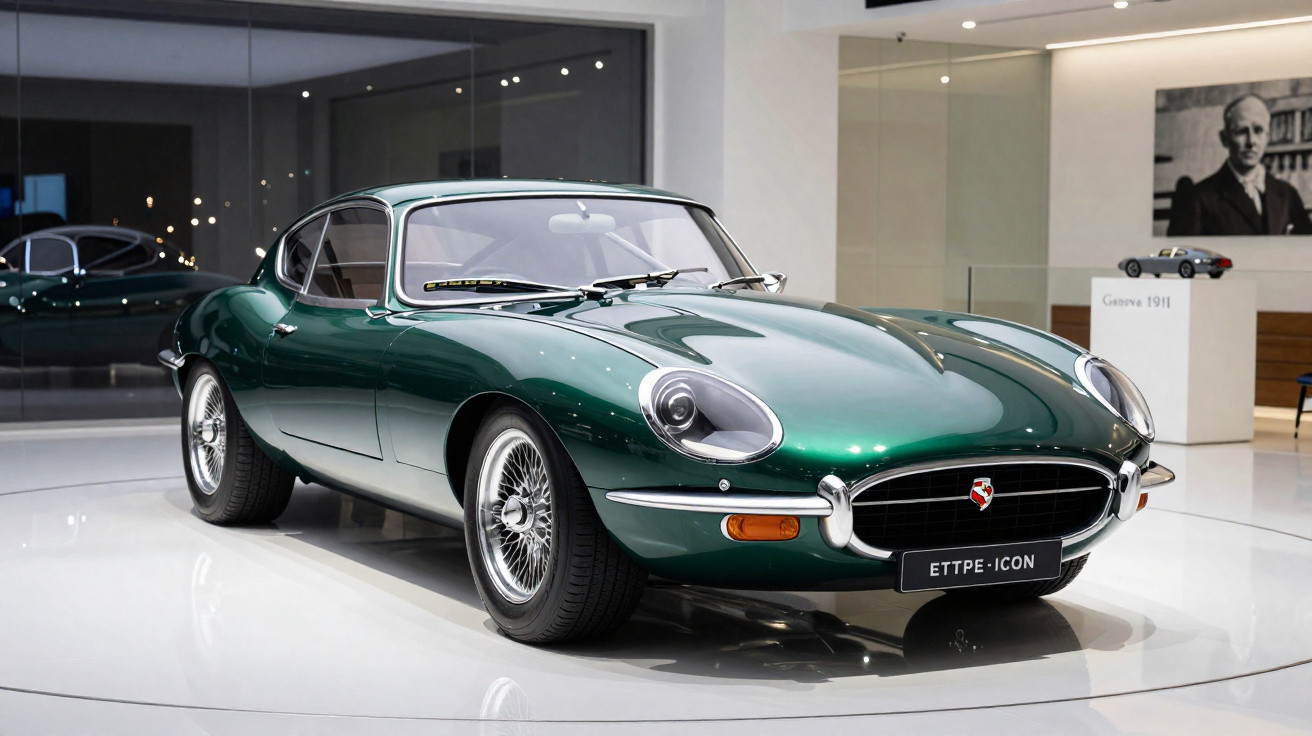 Carro desportivo clássico verde metálico com design aerodinâmico exposto em galeria moderna.