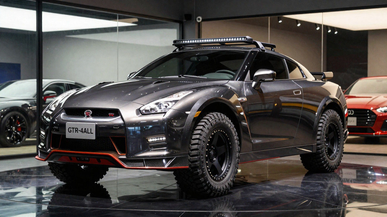 Nissan GT-R cinzento com pneus todo o terreno e barra de luz LED, exposto numa garagem moderna.