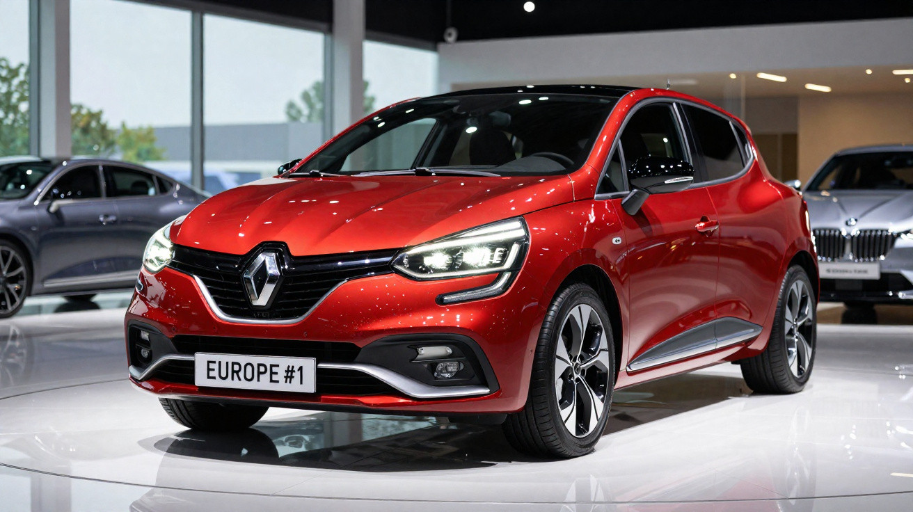 Automóvel Renault vermelho exposto em salão automóvel com faróis acesos e matrícula "EUROPE #1"
