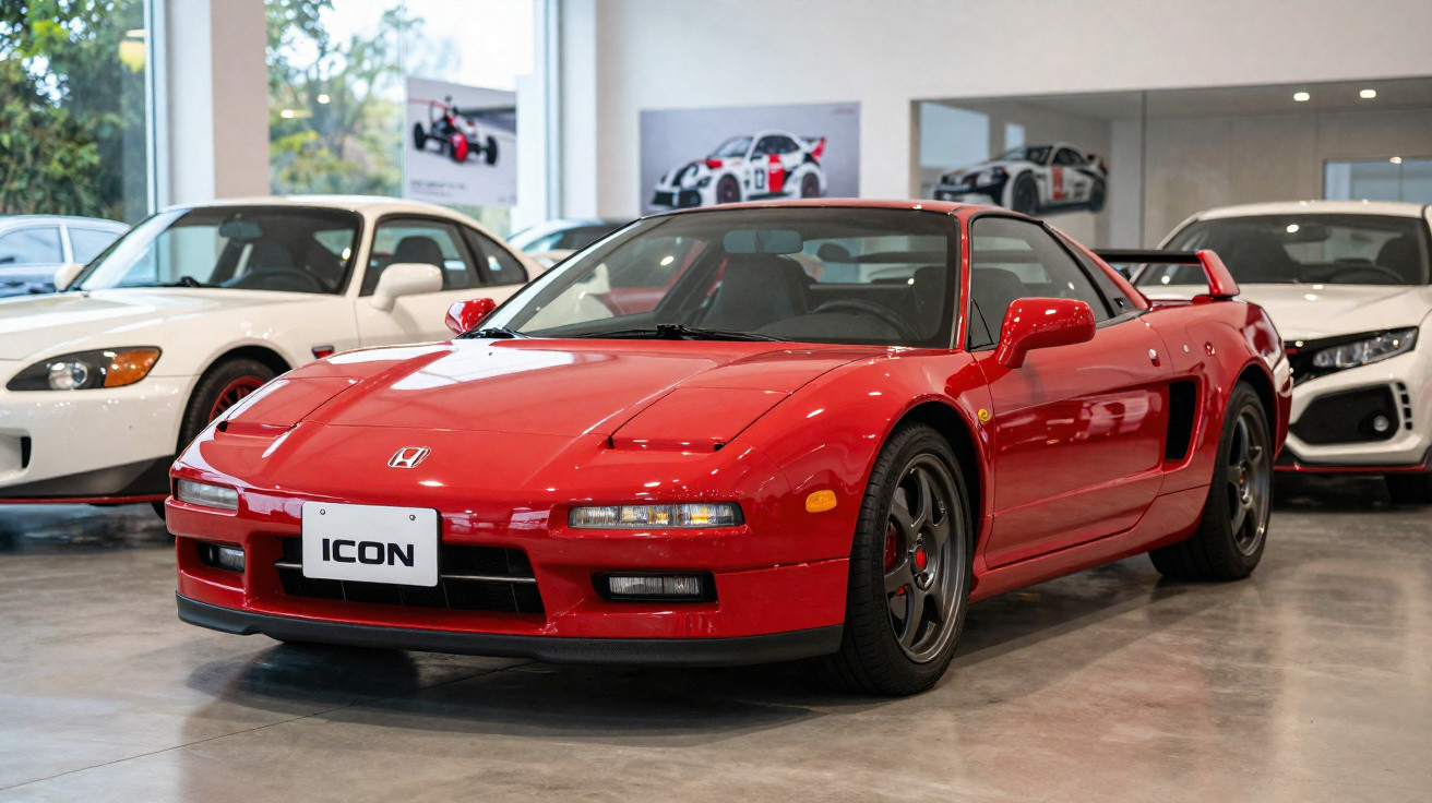 Carro desportivo Honda NSX vermelho estacionado num showroom com outros carros ao fundo.