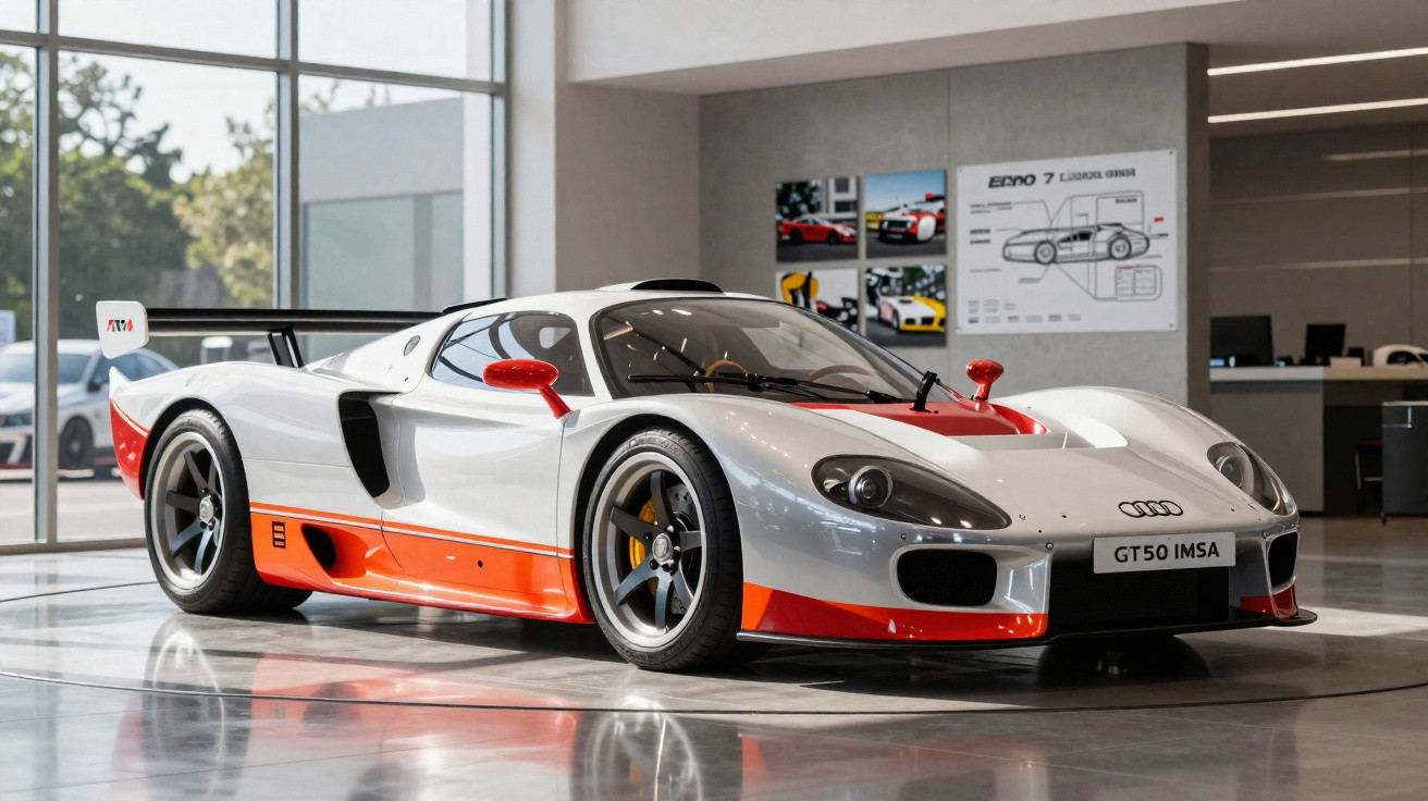 Carro de corrida Audi GT50 IMSA branco com detalhes em vermelho e rodas cinza, em exposição num showroom moderno.