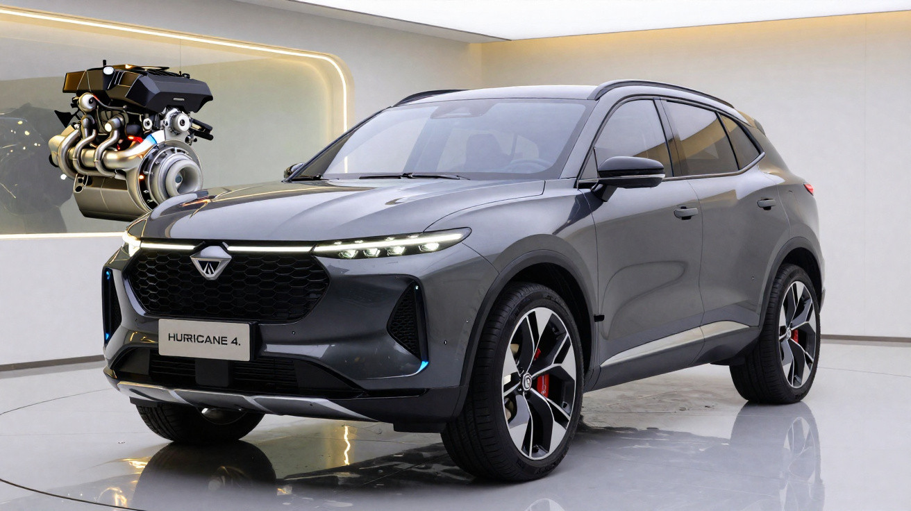 Carro SUV cinzento moderno estacionado em showroom minimalista com motor em fundo iluminado.