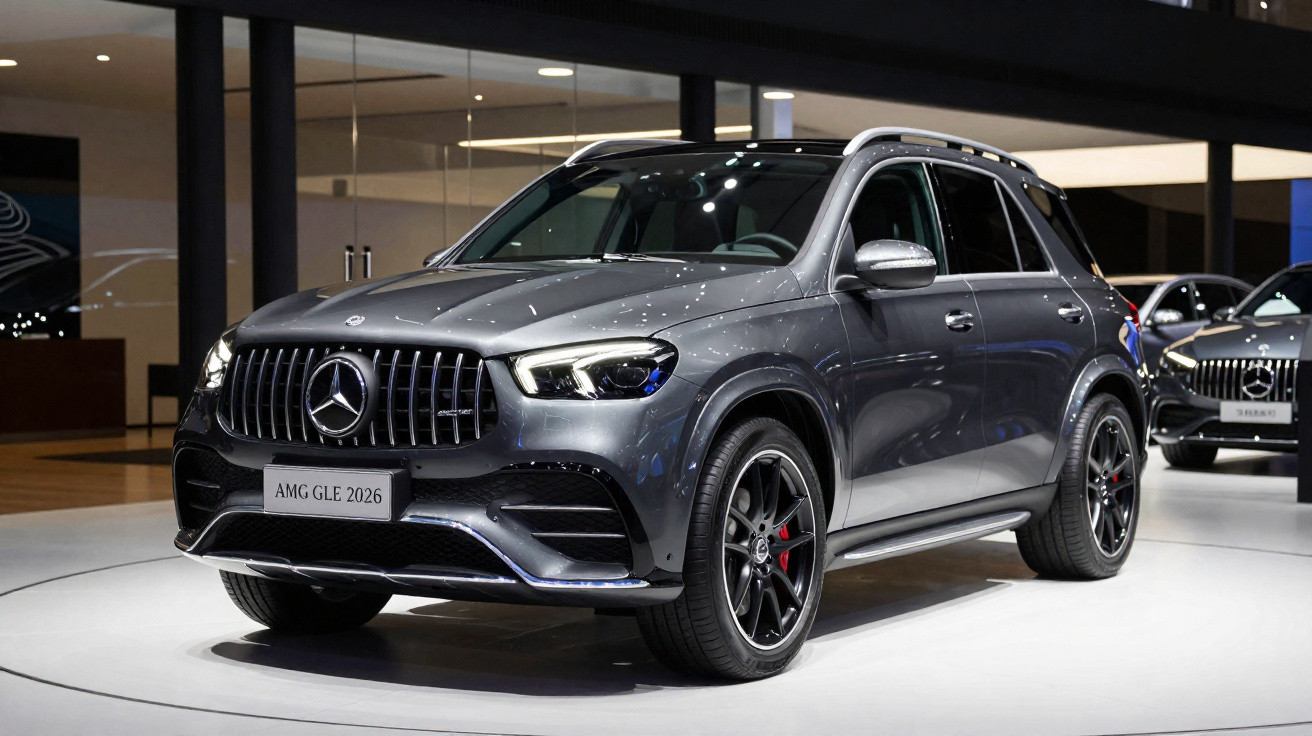 Mercedes-Benz AMG GLE 2026 cinzento escuro exposto em salão automóvel moderno.
