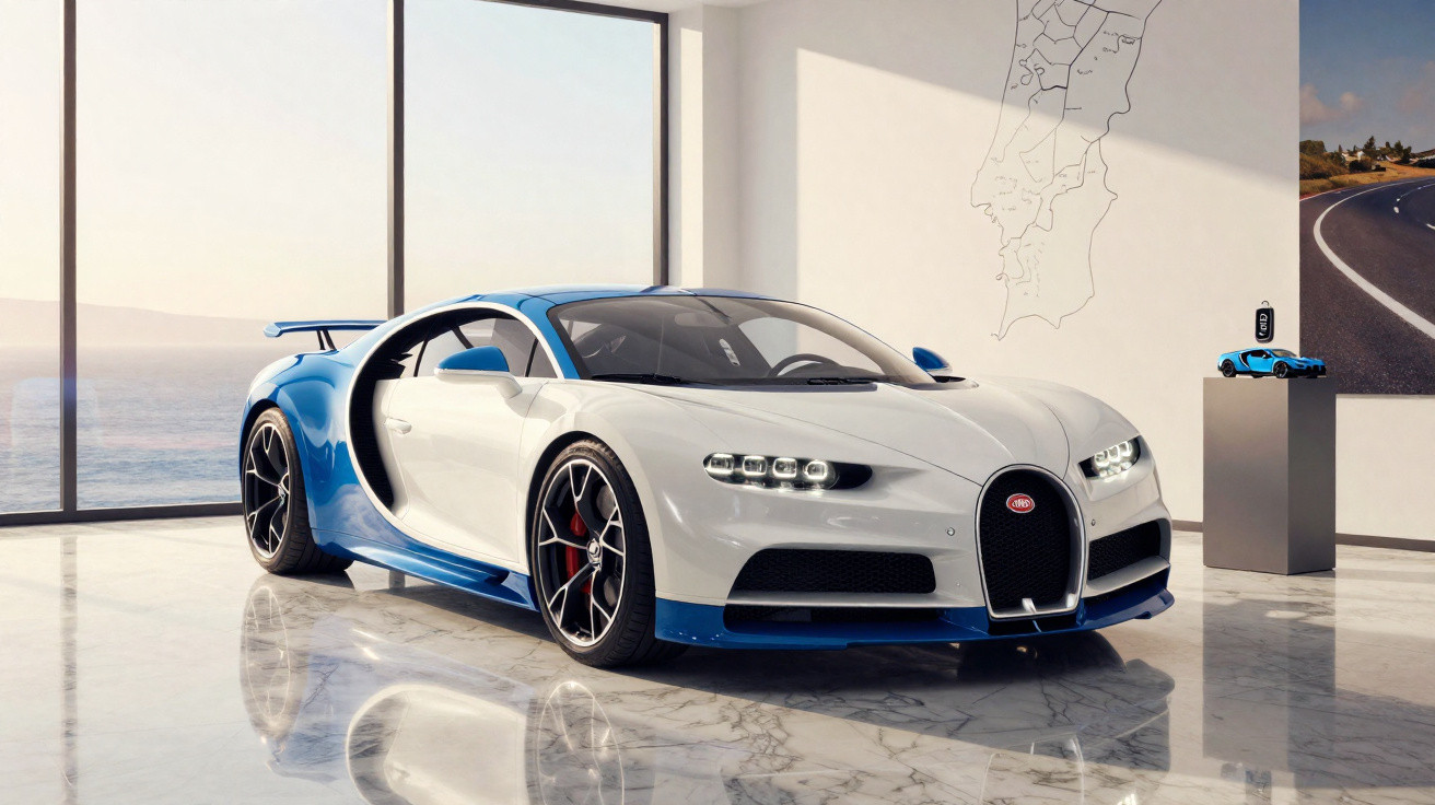 Carro desportivo Bugatti Chiron branco e azul numa sala com grandes janelas e vista para o mar.