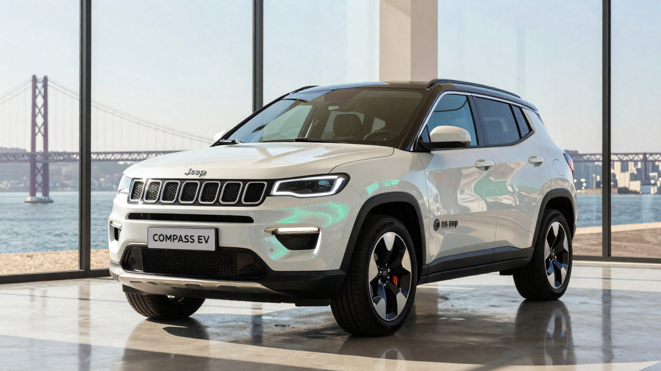 Jeep Compass EV branco estacionado em interior com vista panorâmica para uma ponte sobre a água.