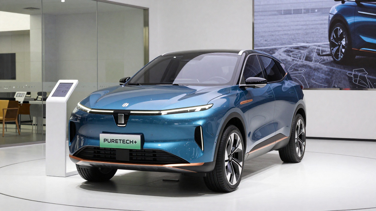 Carro elétrico azul futurista apresentado num salão automóvel com design aerodinâmico e faróis LED finos.