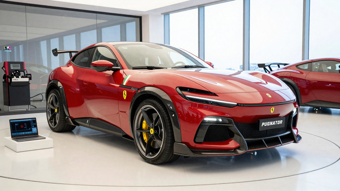 Carro desportivo Ferrari vermelho estacionado numa sala moderna com janelas grandes e sistema de diagnóstico ao lado.