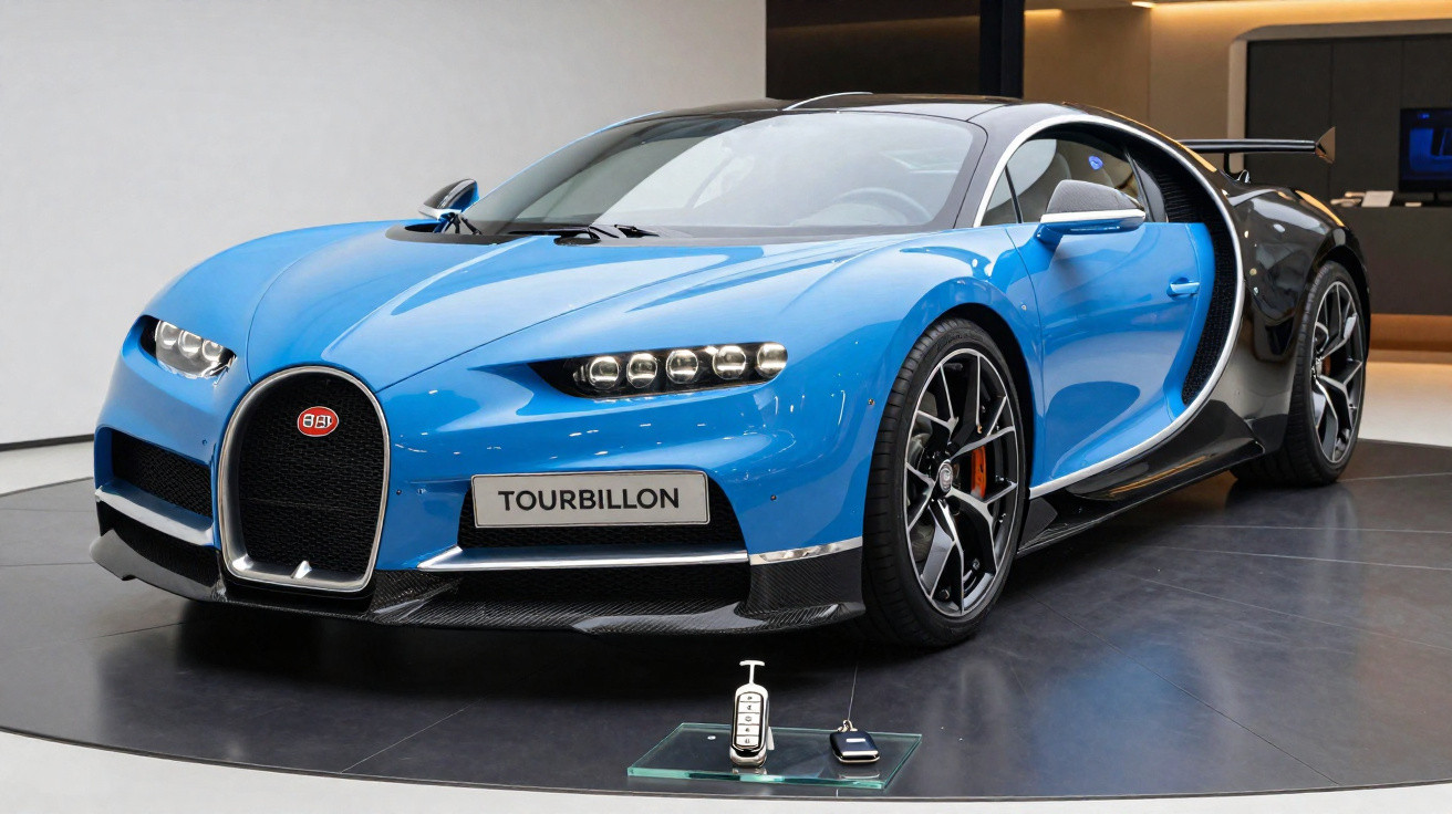 Carro desportivo azul e preto Bugatti Tourbillon exposto em showroom moderno com controle remoto à frente.
