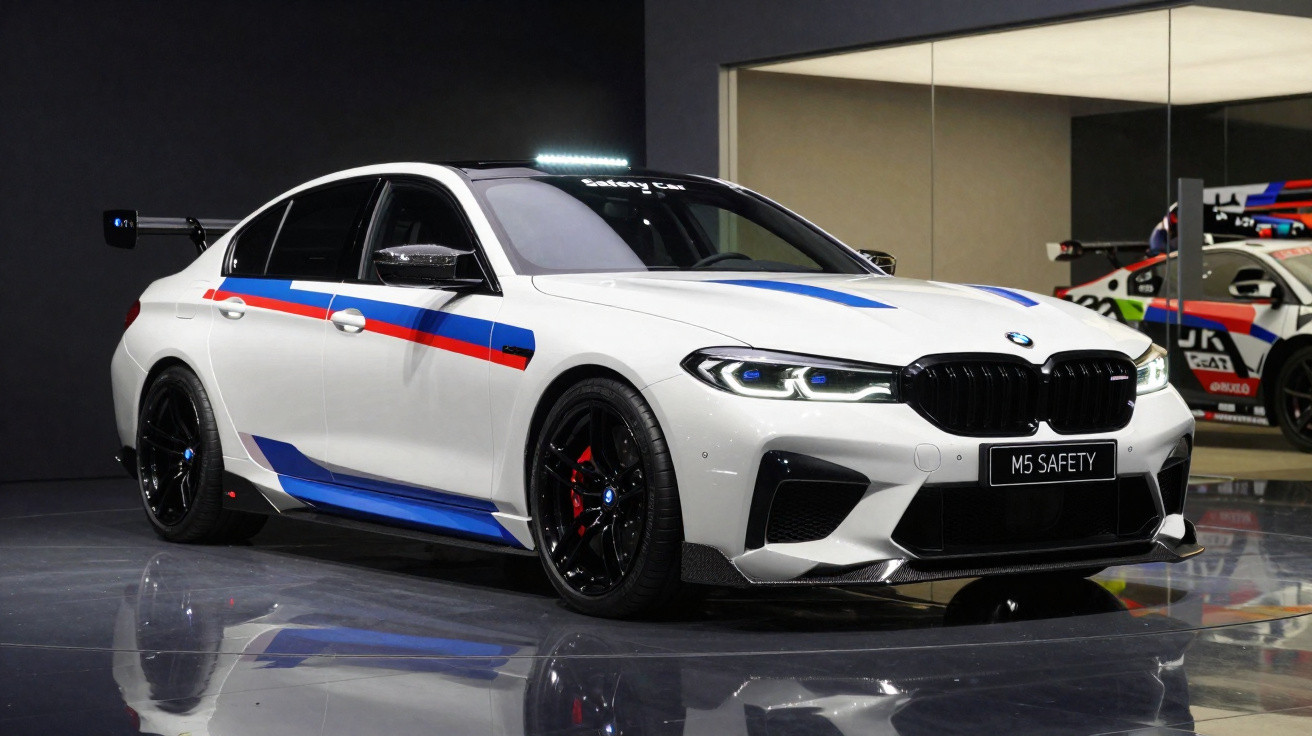 Carro desportivo BMW M5 Safety branco com detalhes azuis, vermelhos e pretos, refletido no chão brilhante.