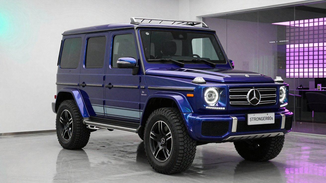 Carro SUV Mercedes-Benz G-Class azul estacionado em interior moderno com iluminação roxa.