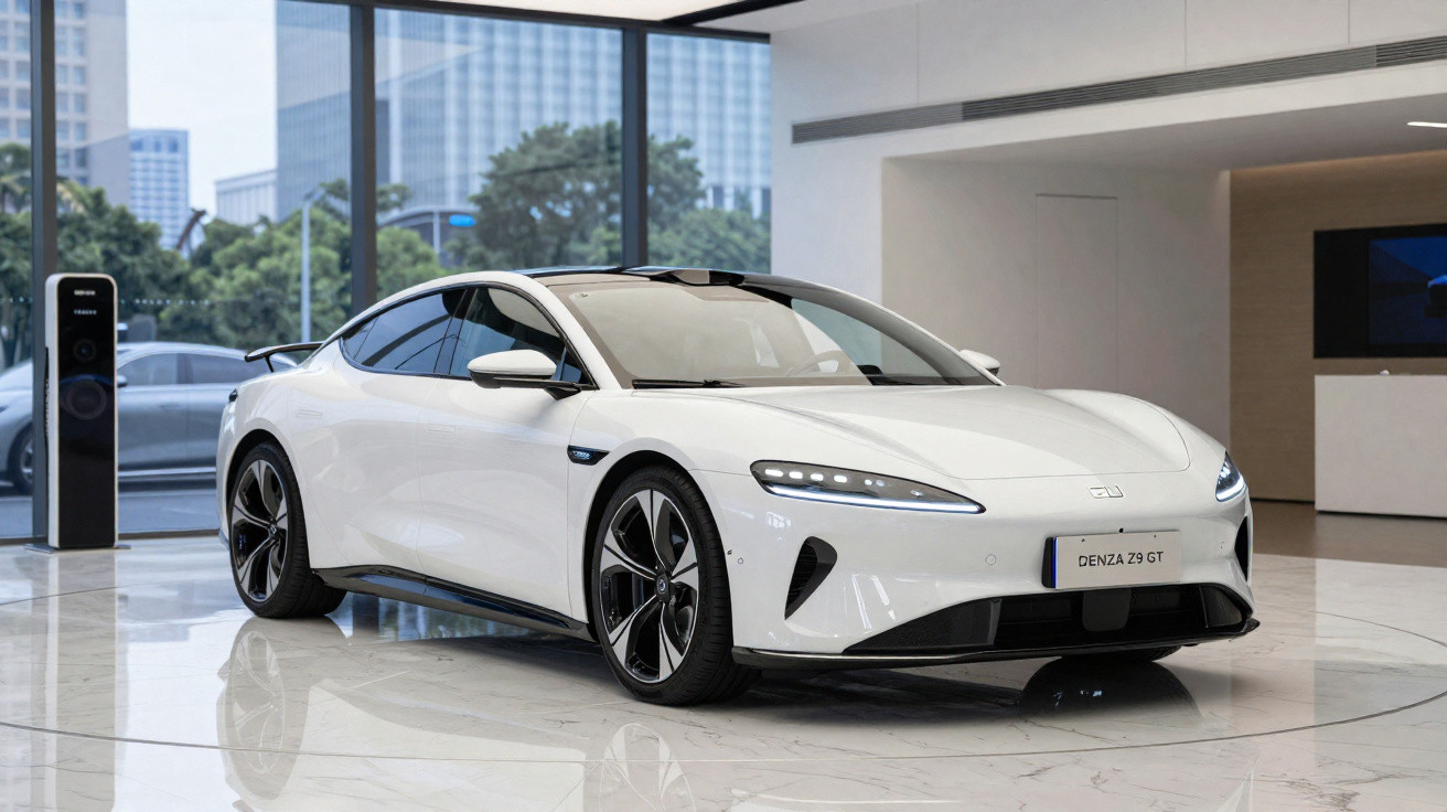 Carro elétrico branco Denza Z9 GT exposto em showroom moderno com chão brilhante e janelas grandes.