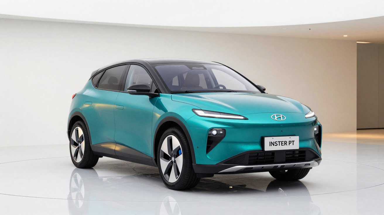 Carro elétrico Hyundai moderno, cor verde-azulado, apresentado em ambiente minimalista e iluminado.