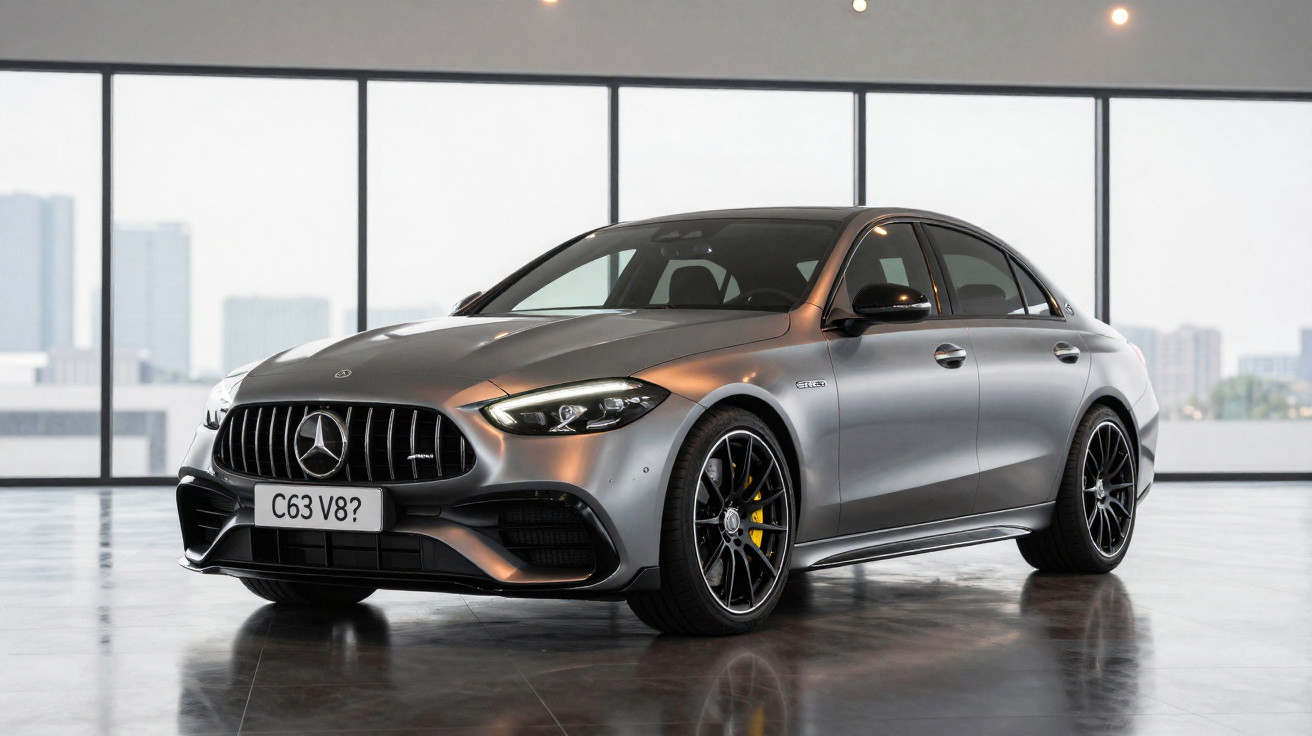 Automóvel Mercedes-Benz cinza metálico estacionado em interior com grande janela panorâmica ao fundo.