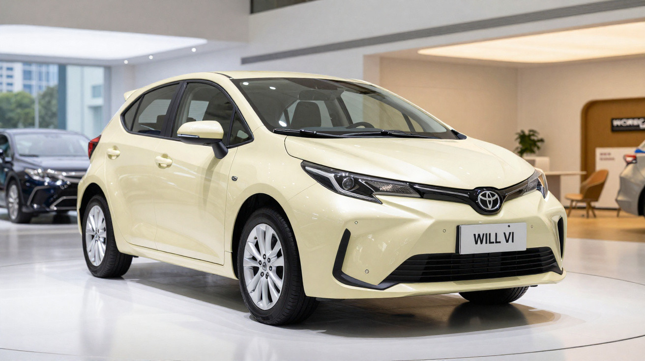 Carro compacto Toyota modelo Will VI branco exibido num salão automóvel moderno.
