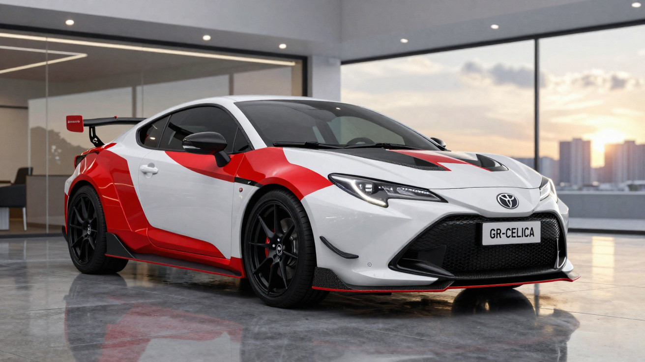 Carro desportivo Toyota GR-Celica branco e vermelho estacionado em garagem moderna com janelas amplas.