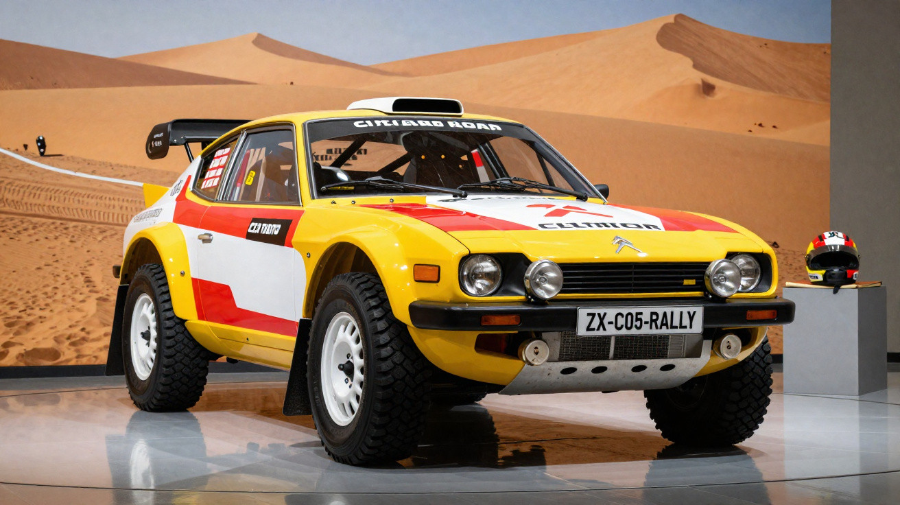 Carro de rali Citroën amarelo, branco e vermelho com faróis adicionais, patente ZX-C05-RALLY, exposto em museu.