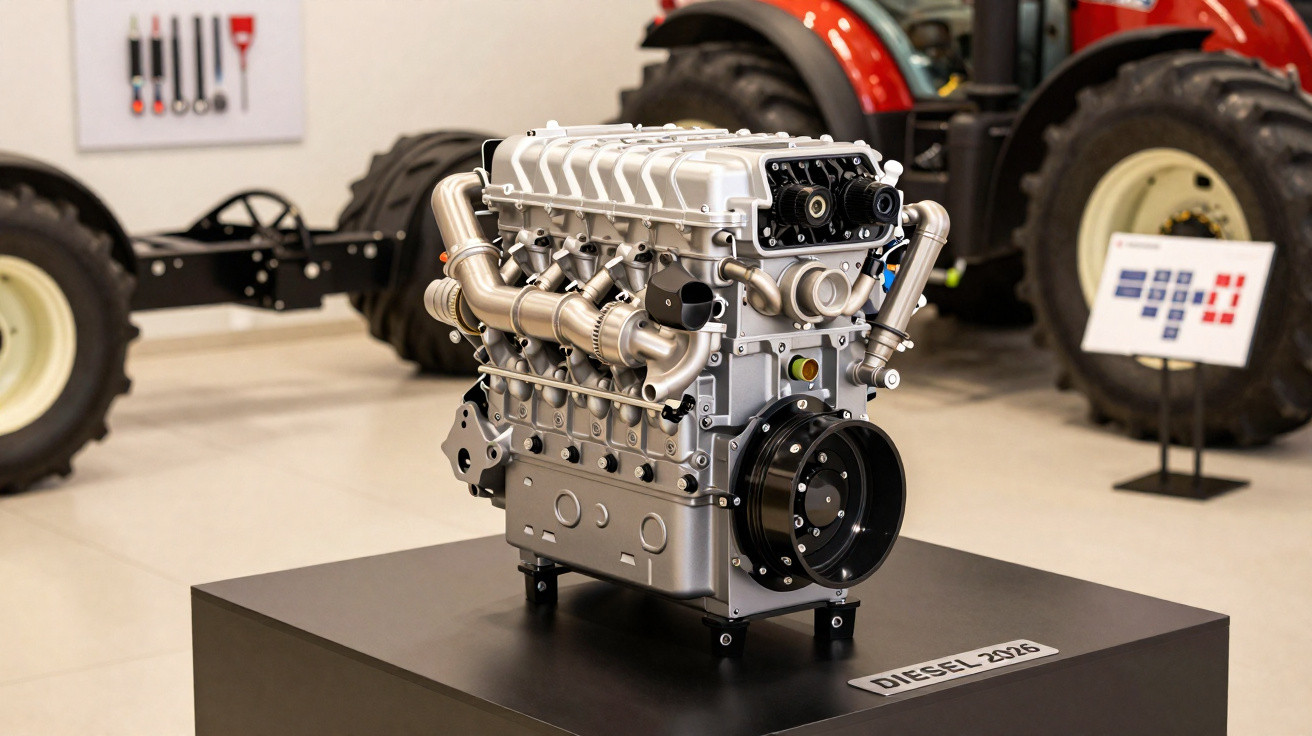 Motor diesel exposto em suporte preto com trator vermelho desfocado ao fundo.